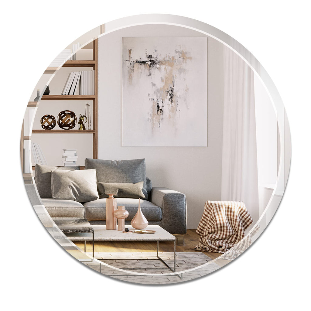 Round Frameless Wall Mirror, 36 Inch, HD Float Glass, Beveled Edge