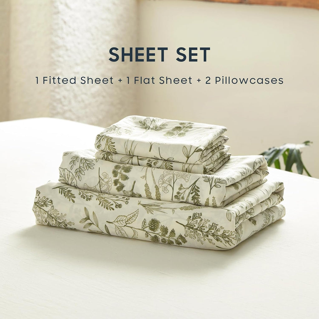 Bed Sheets, 4-Piece Sheet Set, Floral Shabby Chic Leaves Pattern Printed Coquette Vintage Aesthetic