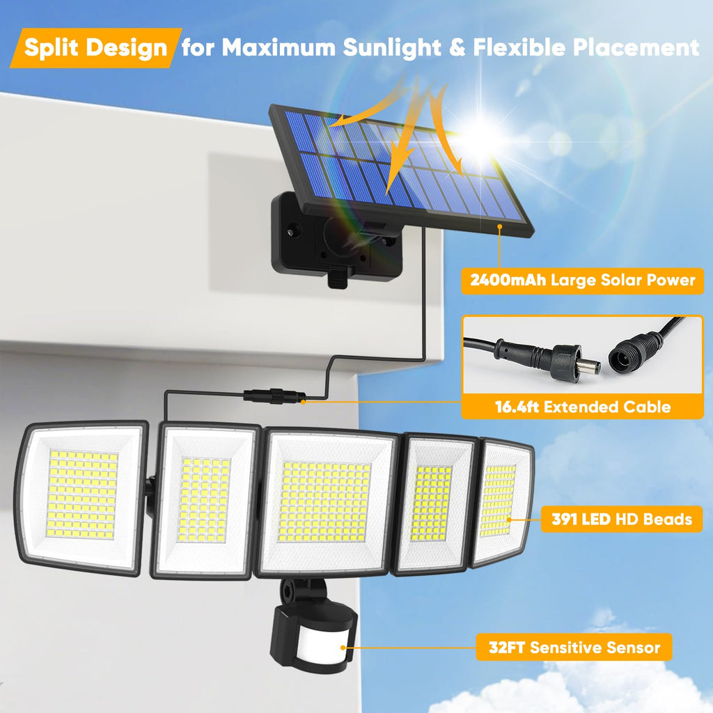 Solar Motion Lights Outdoor - with 16.4ft Cable, LED Security Lights for Outside Dusk to Dawn, IP65 Waterproof