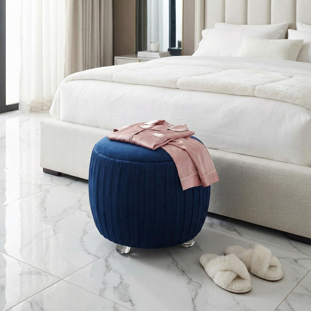 Doles Round Ottoman with Clear Acrylic Legs 16, High, Navy Blue Velvet