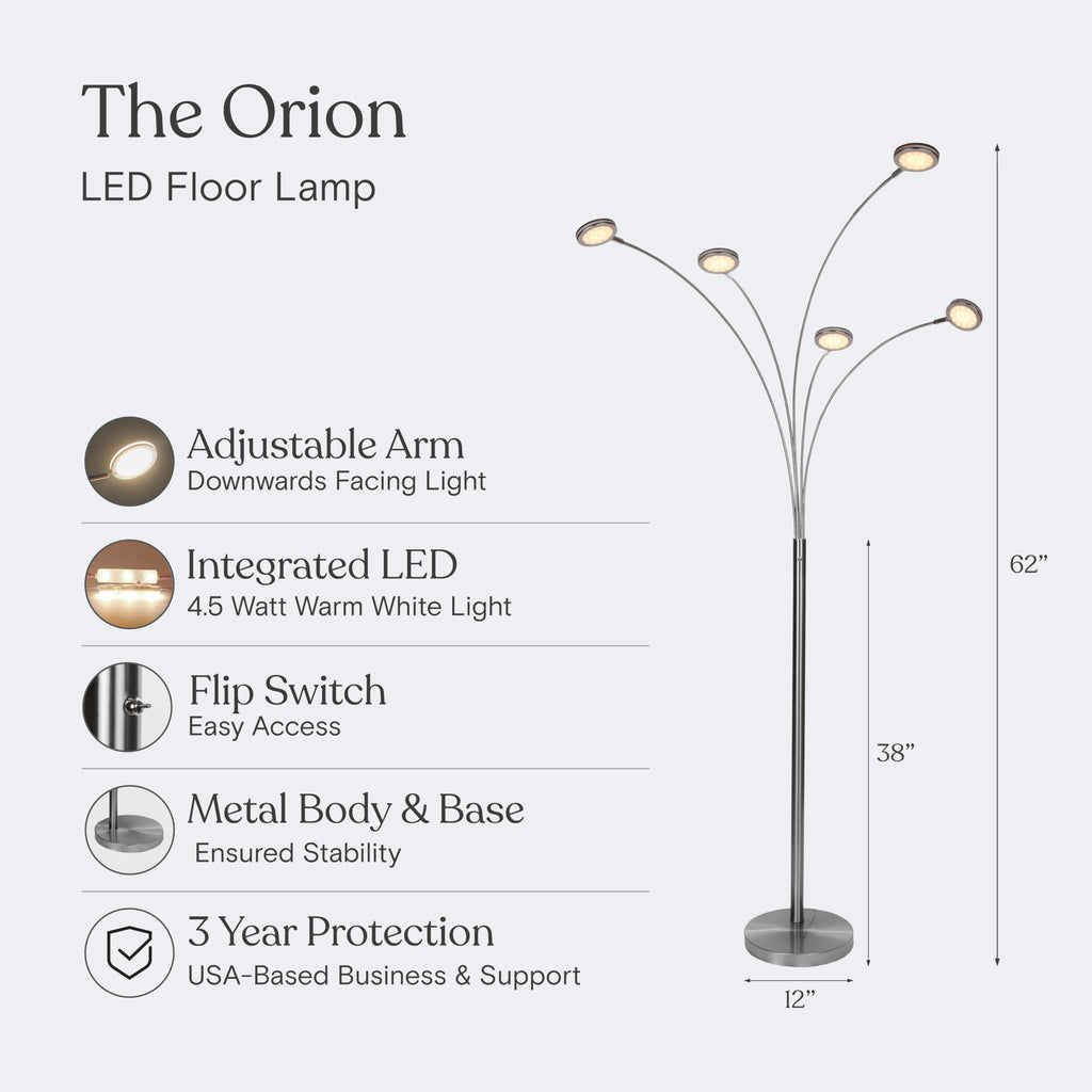 Orion Arc Floor Lamp, Tree Floor Lamp with 5 Adjustable Arms, Multi-Head Standing Lamp with Flexible Rotating LEDs