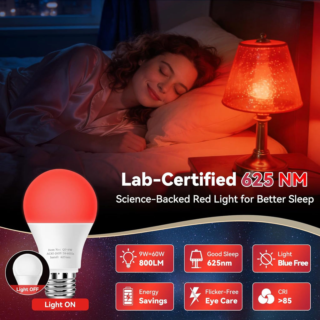 625nm Red Light Bulbs for Sleep, 100% Blue Light Blocking Bulb for Melatonin Promote, A19 LED 9W 60W Red Night Bulb