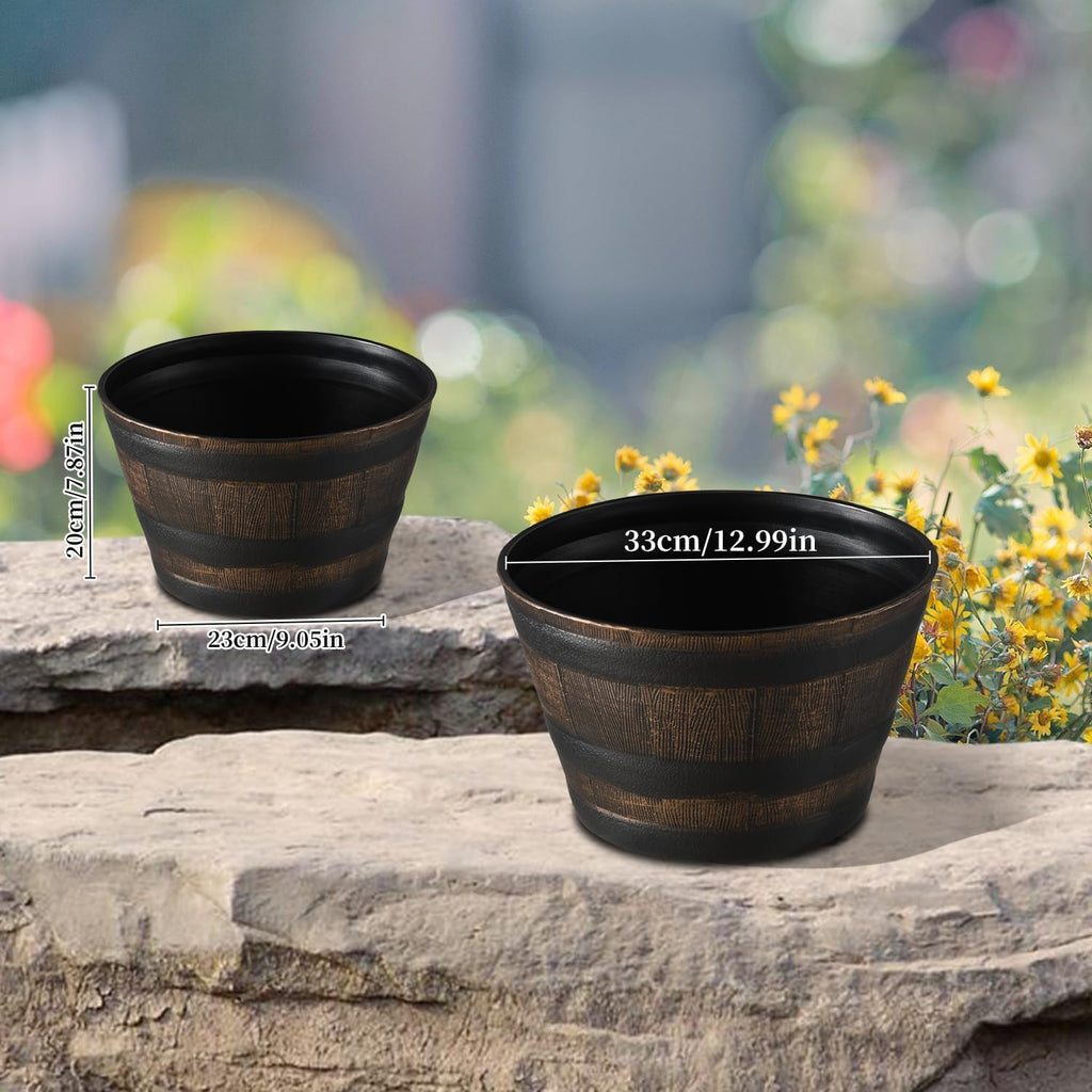 YI 4 Pack Whiskey Barrel Garden Planters 13" Rustic Oak Resin Planter for Indoor & Outdoor Plant Flower Pot