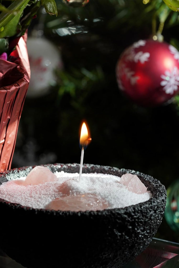 Charcoal Crater Cement Candle Vessel with 7 Crystal Stones - Handmade Textured Cement Bowl in Charcoal | Decorative