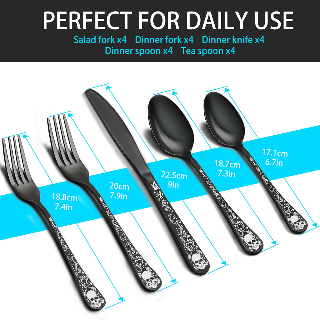 Skull Black Silverware Set for 4, 20-Piece Black Flatware Set, Gothic Skeleton Cutlery for Decoration, Halloween