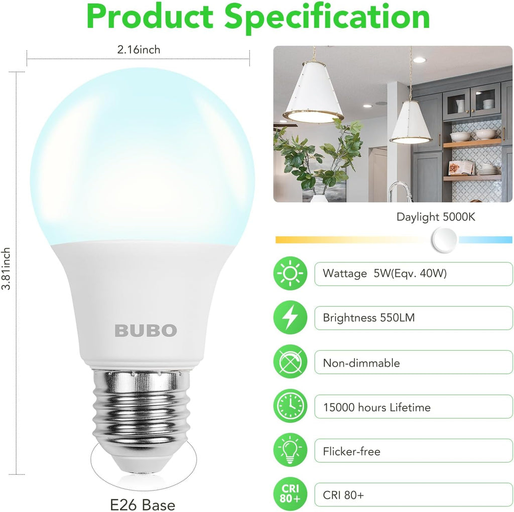 A19 LED Light Bulbs, 40W Equivalent, 5W Daylight 5000K, 550 Lumens, E26 Medium Base, Non-Dimmable LED Bulbs