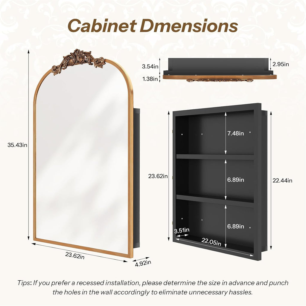 24x35 Inch Vintage Bathroom Medicine Cabinet Mirror Storage Gold | Easy Install Tempered Glass Mirror, Durable