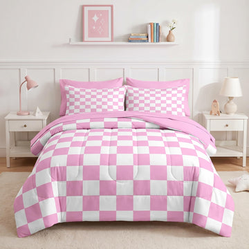 Comforter Set with Sheets, 7 Pieces Pink Plaid Bedding