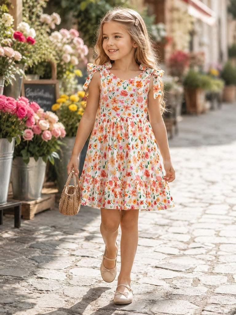 Toddler Girls Summer Dress Bow-Tie Straps V Neck Party Dresses Cute Floral Printed Sleeveless Beach Sundress