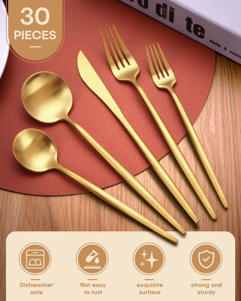 Gold Silverware Set, 30-Piece Matte Silverware Set for 6 with Premium Food-Grade Stainless Knives Forks Spoons Modern