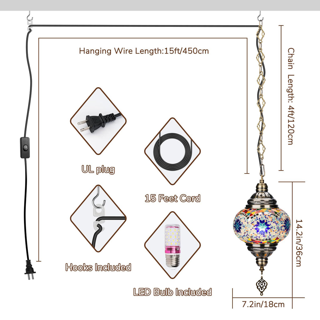 7.2"D Turkish Moroccan Mosaic Hanging Pendant Lamp Plug-in &15ft Cord