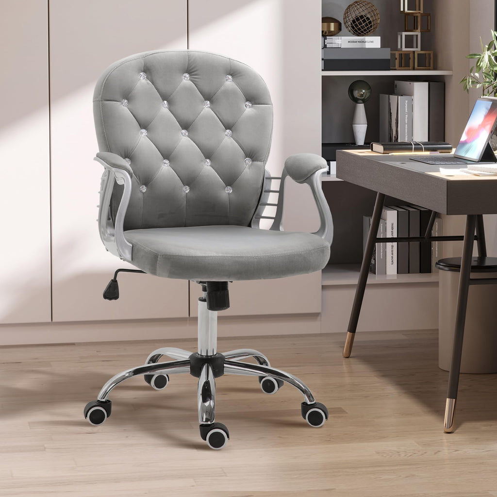 Velvet Home Office Chair Button Tufted Padded Armrests Gray