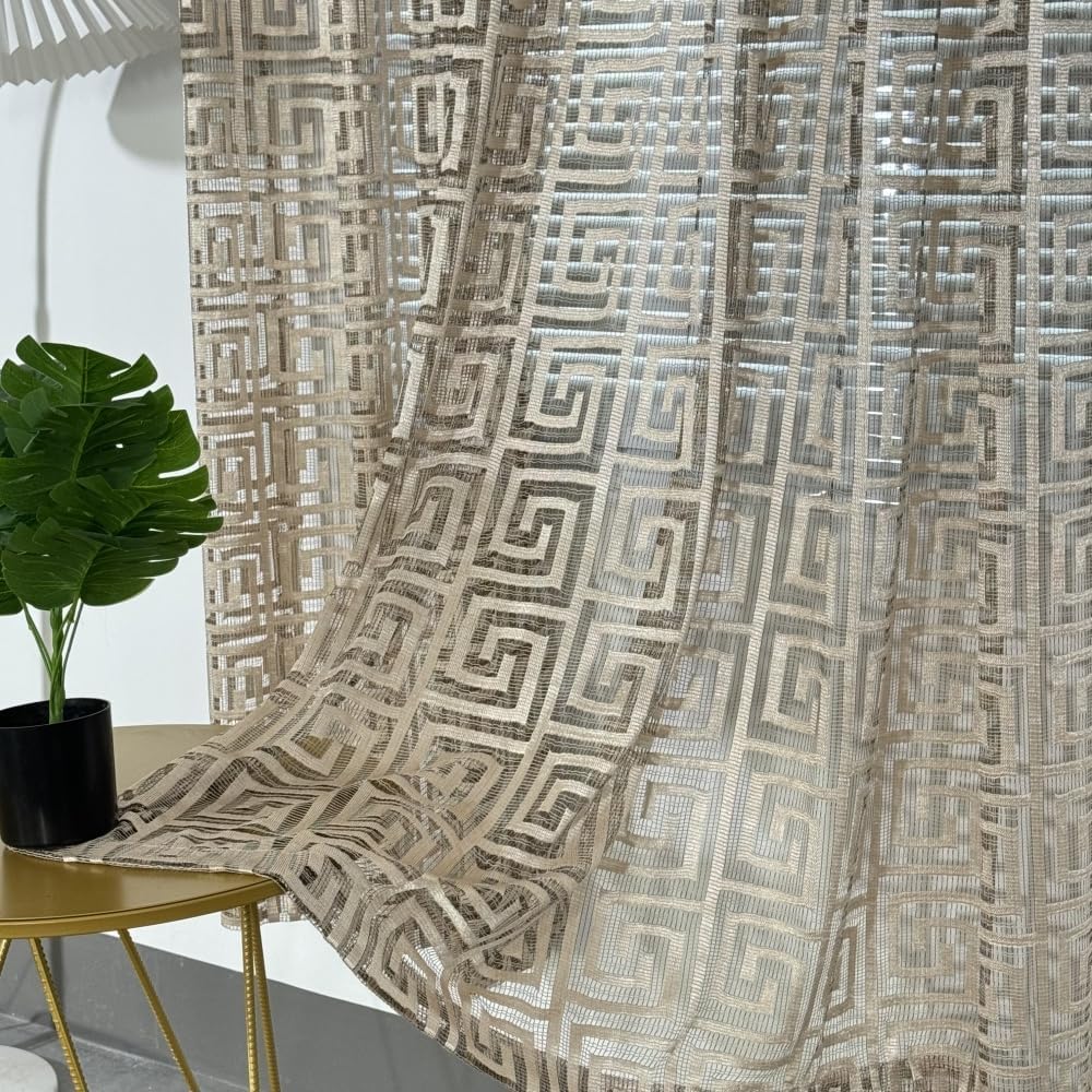 1 Pair Black and Gold Sheer Curtains for Living Room Luxury Tulle Curtains (Gold,2 Panels 54 Inches by 96 Inches)