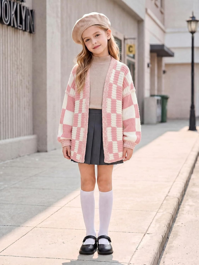 Girls Checkered Cardigan Sweater Open Front Knit Sweaters