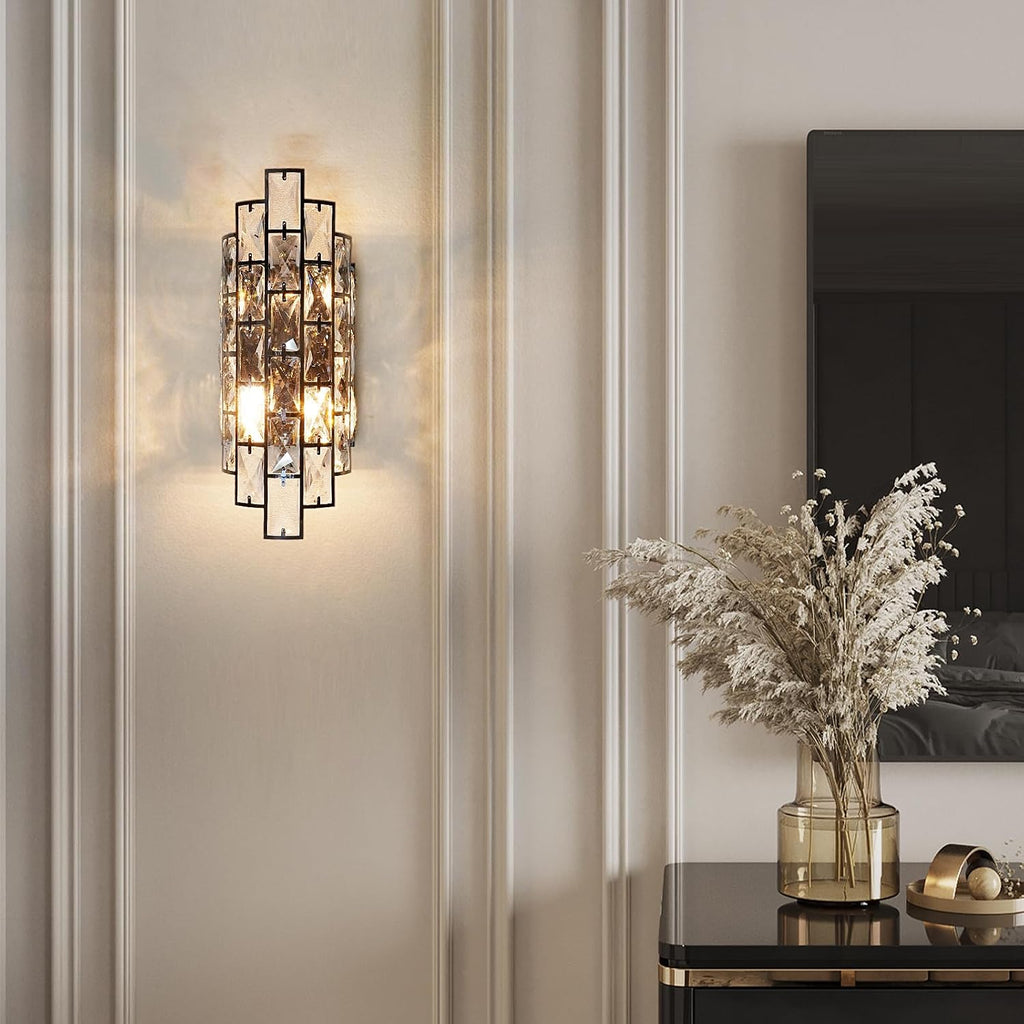 Black Crystal Wall Sconce, Modern Indoor Wall Light Fixtures with Touch Switch, Luxury K9 Crystal Vanity Wall