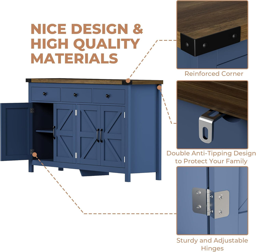 63" Sideboard Buffet Cabinet with Storage, Coffee Bar with 3 Drawers and 4 Barn Doors