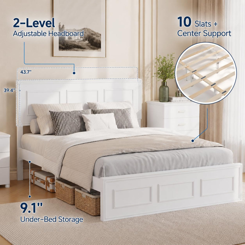 White Farmhouse Wood Bed Frame with Adjustable Headboard