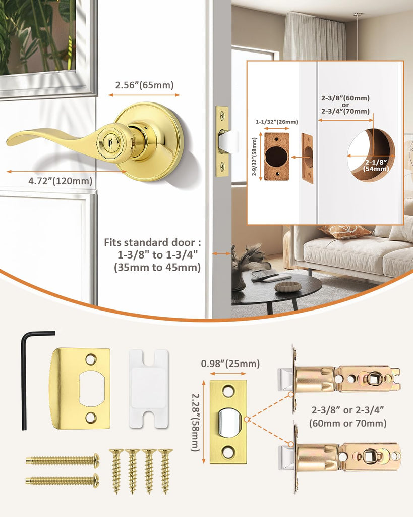 Door Handles Interior Polished Brass Privacy Door Handle Lock, Bedroom Bathroom Wave Door Lever, 2 Pack