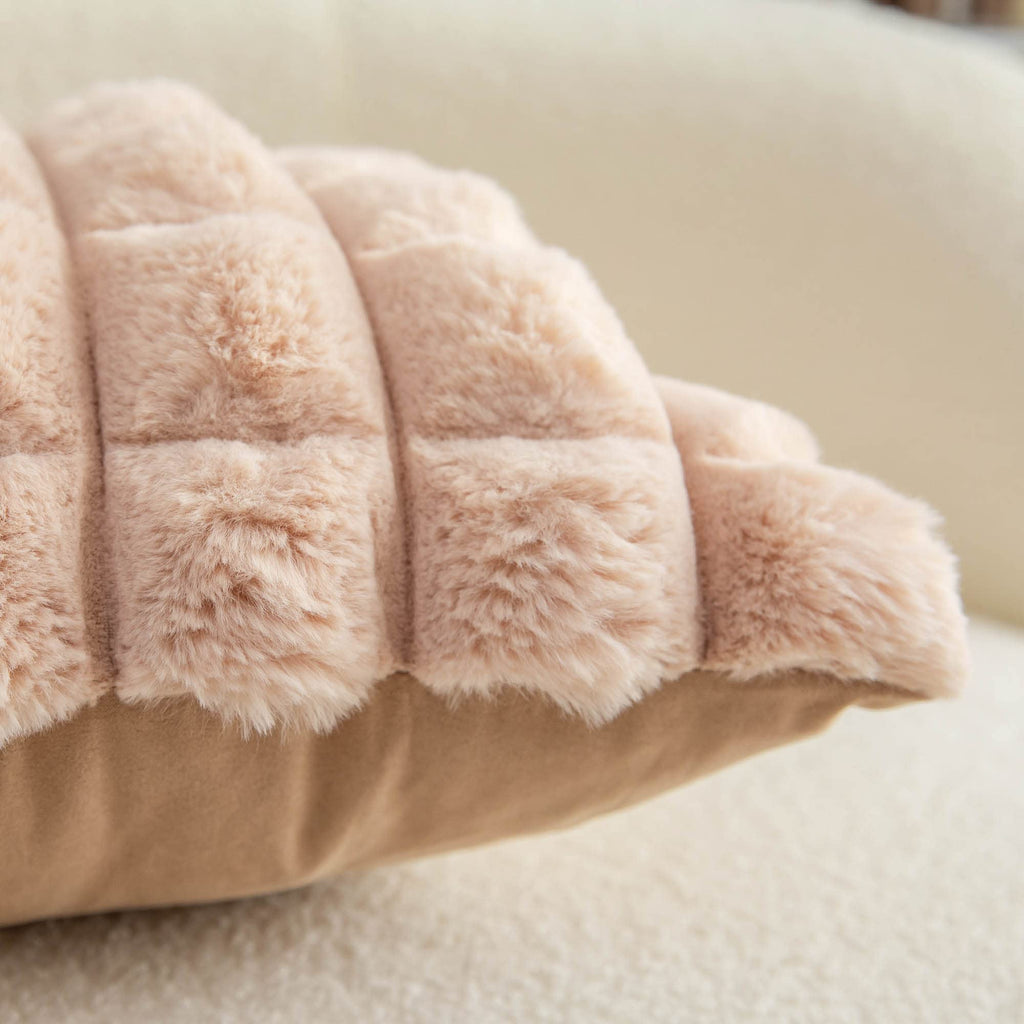 Camel Faux Fur Cozy Soft Plaid Decorative Throw Pillow Covers 16x16 inch Set of 2, Velvet Pillowcase Cushion Case for