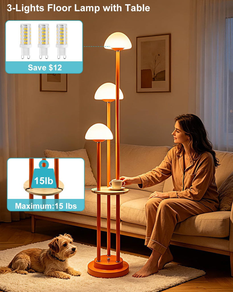 Orange Floor Lamp with Table, 3-Light Modern Mushroom Floor Lamps