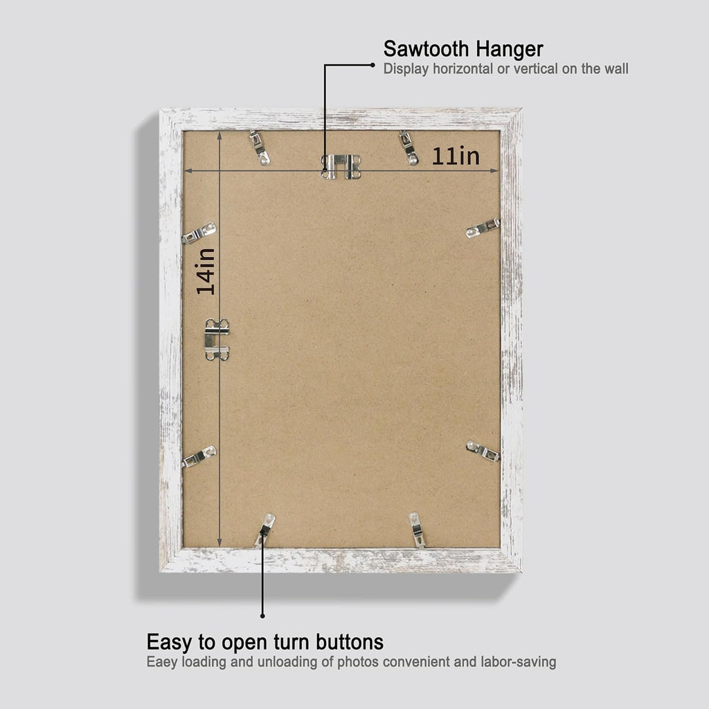 11x14 Picture Frame Set of 4, Made of Glass and Distressed White Wooden Frame, Display 8x10 Pictures with Mat or 11 x