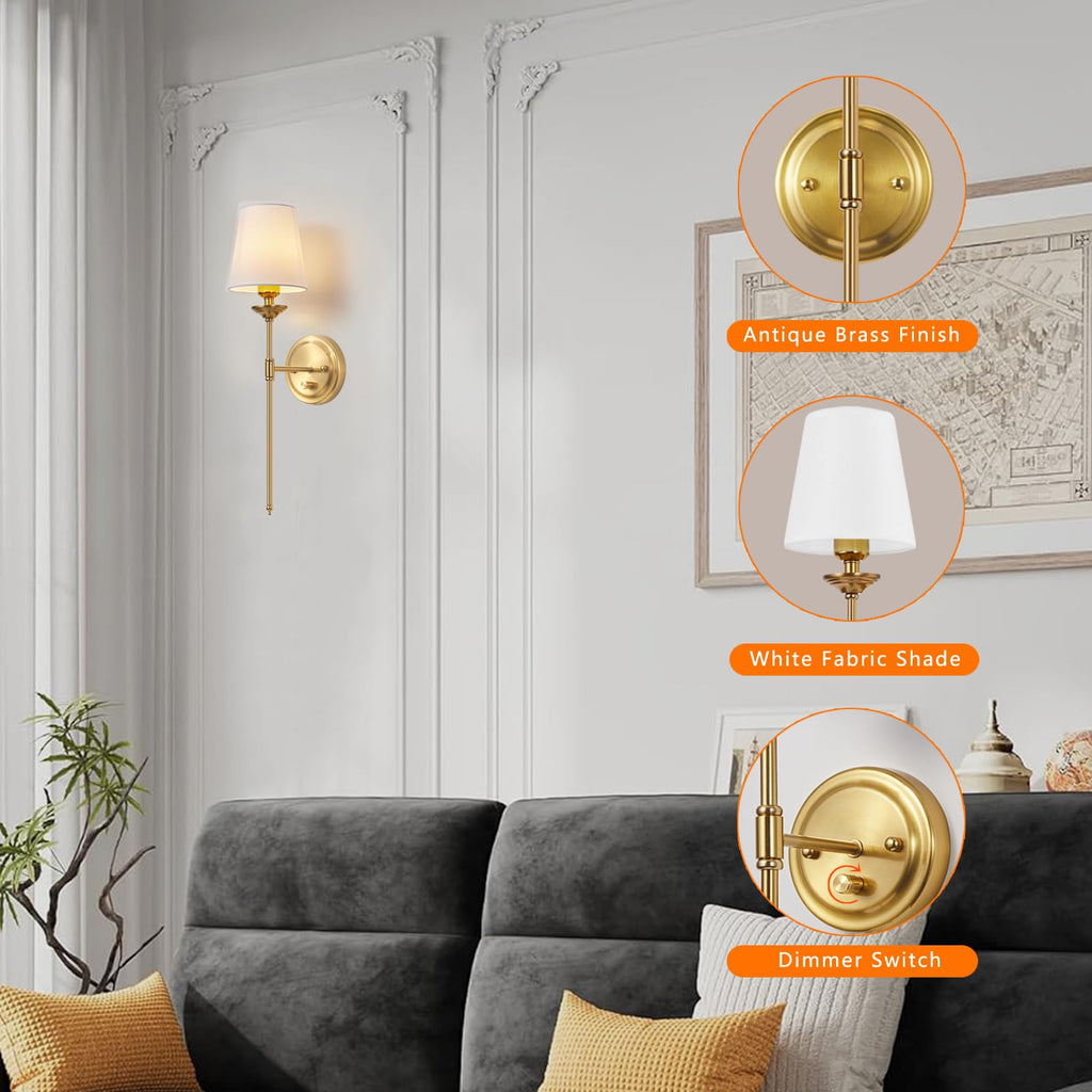 Dimmable Plug in Wall Sconces Set of 2, Gold Bedside Wall Lamp with Knob Dimmer Switch and 6.5FT Electric Cord, Mid