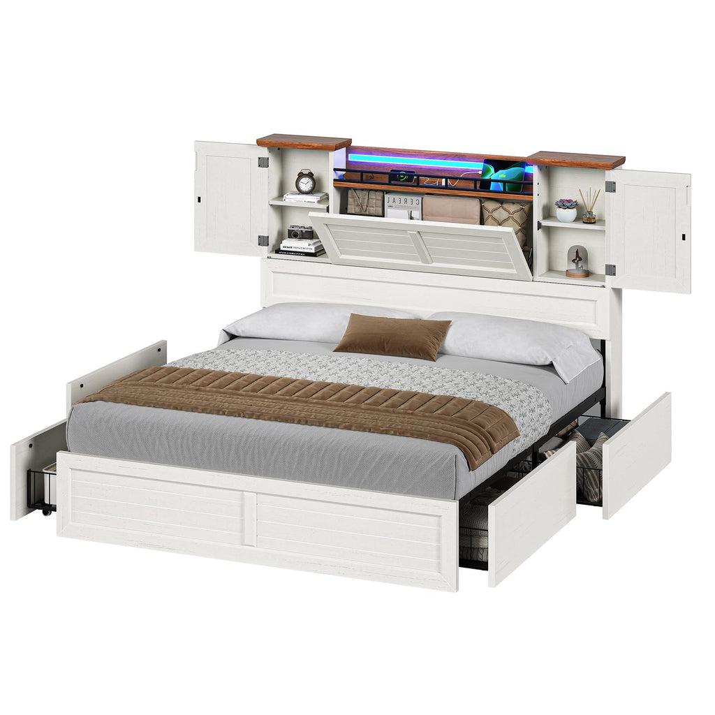 Bed Frame with Headboard and Storage Cabinets, Farmhouse Bed Frame with Charging Station and LED