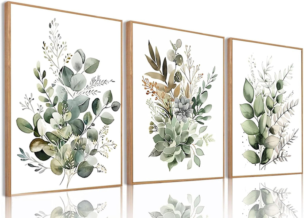 Botanical Wall Art Plant Floral Watercolor Poster Canvas Prints Set of 3 Framed Sage Green Painting Eucalyptus Leaf
