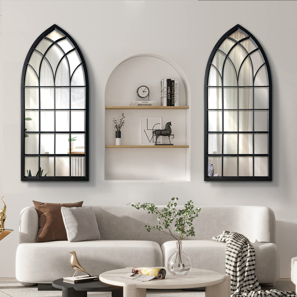Farmhouse Window Mirror,Arched Black Mantel Mirror,Cathedral Wall Mirrors with Window Pane /Fireplace/Living