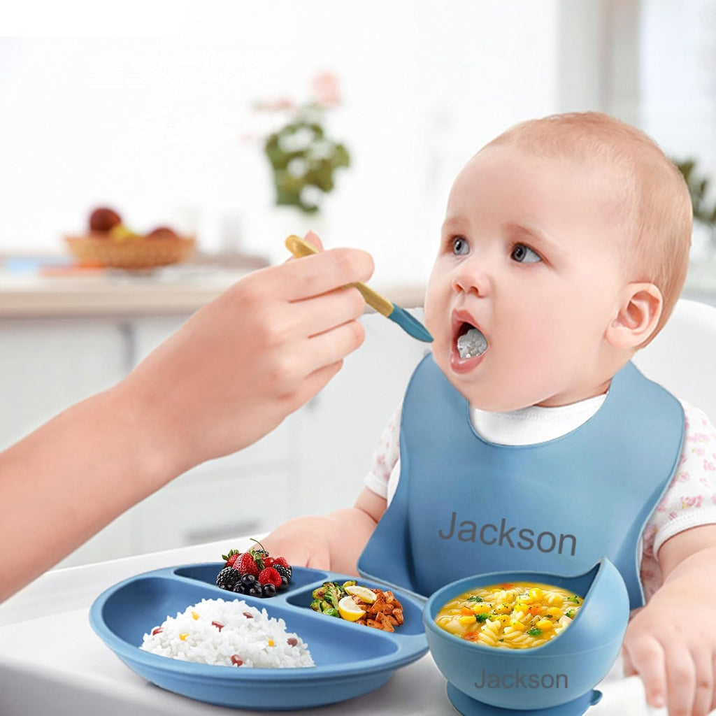 Personalized Silicone Baby Feeding Set with Name, Customized Baby Led Weaning Supplies Self Feeding Eating Utensils