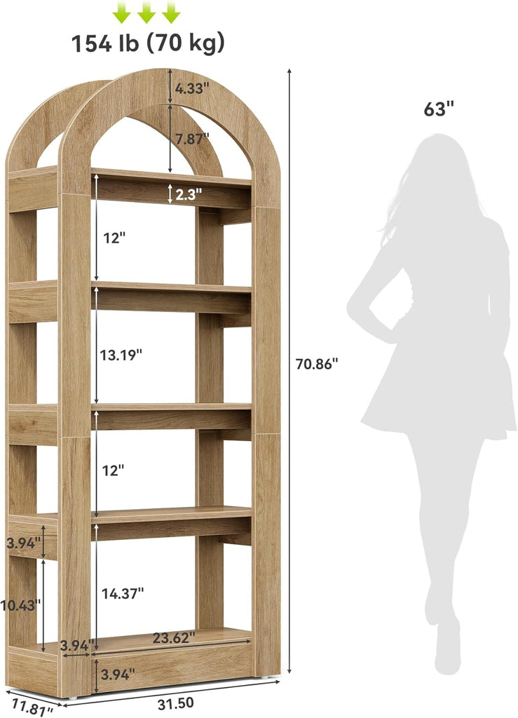5-Tier Bookshelf, Arch-Shaped Racks, Tall Standing Wooden Bookcase Display Shelf Modern Storage Solution (2, Teak