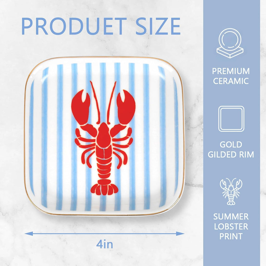 Crawfish Square Ring Dish Summer Crayfish Stripe Ceramic Jewelry Tray Watercolor Red Blue Lobster Trinket Dish
