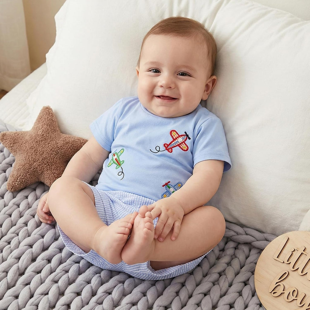 Toddler Boy Summer Outfits Baby Boy Airplane Short Sleeves T-Shirt Plaid Shorts Set Infant Boy Clothes Set