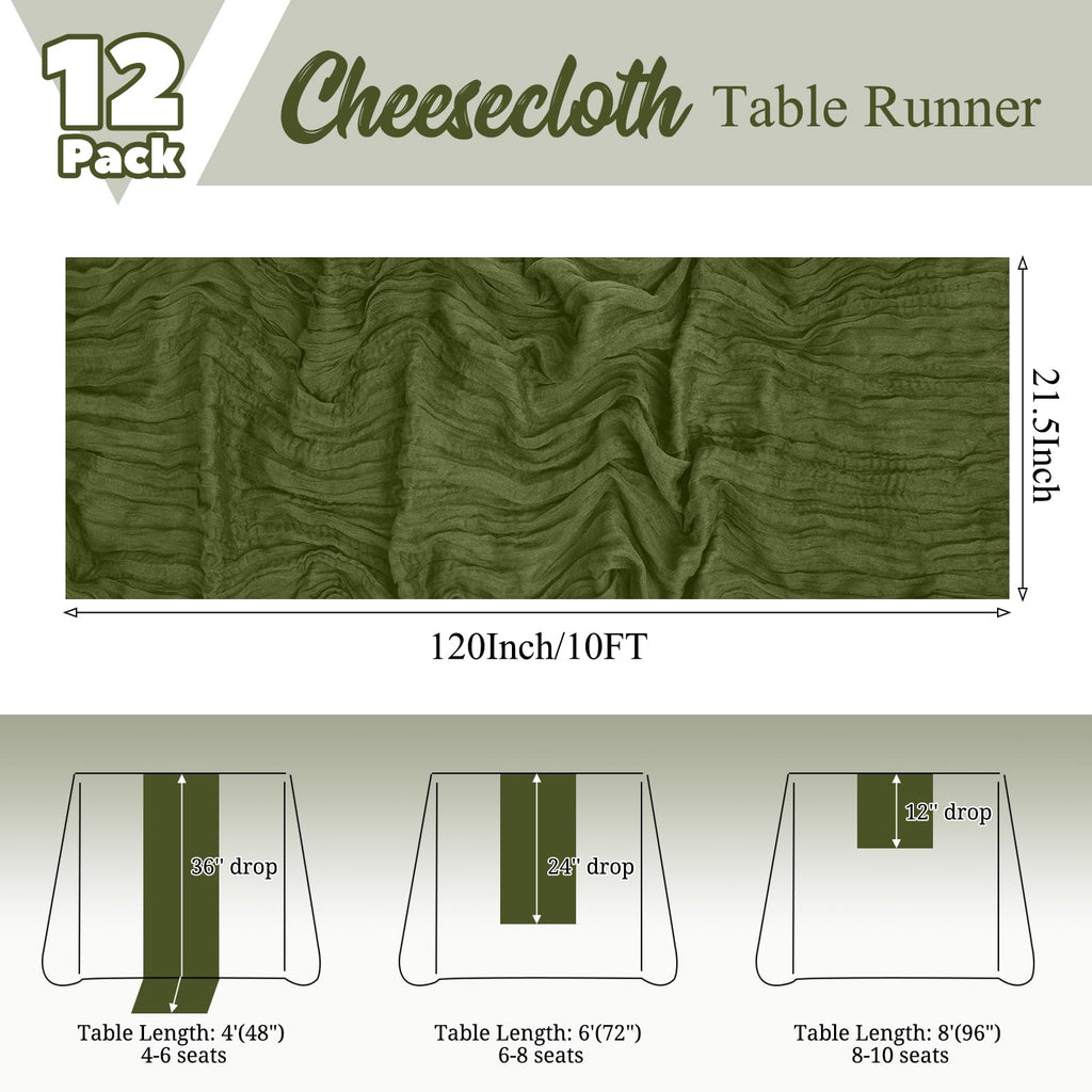 12 Pack Olive Green Table Runner 10Ft Cheesecloth Table Runner Rustic Gauze Table Runners Romantic Long Sheer Fabric