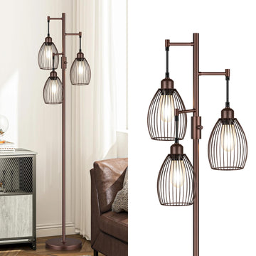 Dimmable Farmhouse Industrial Floor Lamp, Matte Brown Tree Standing Tall Lamps with 3 Elegant Teardrop Cage Head &