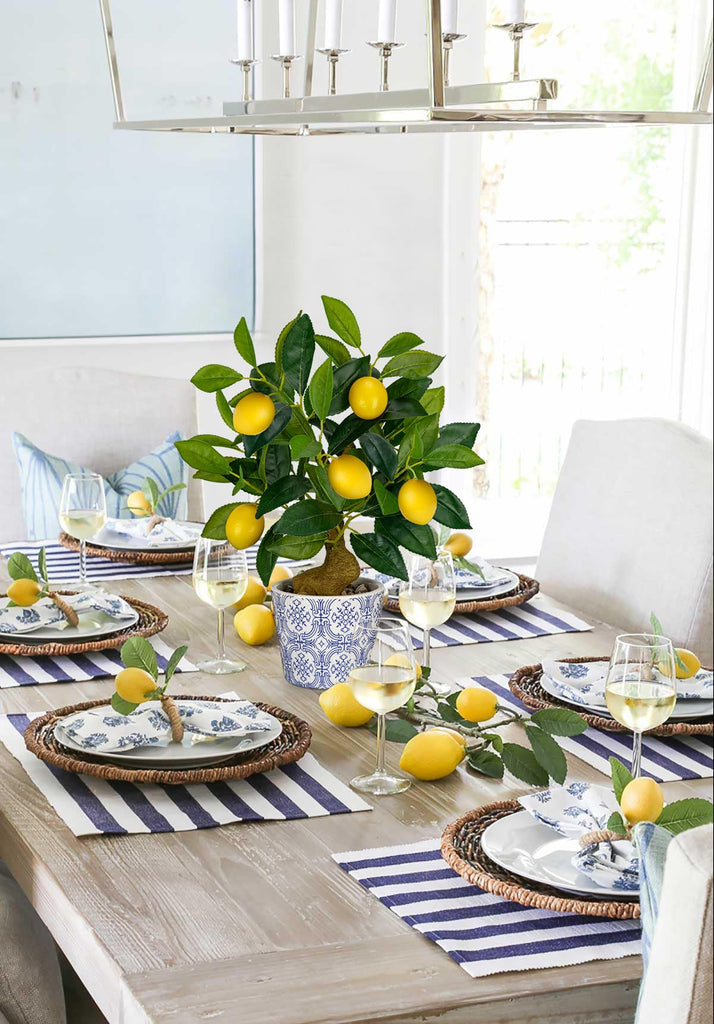 Artificial Potted Plants, 15.7 inches Small Fake Lemon Tree Artificial Lemons Citrus Tree with Blue and White Pot
