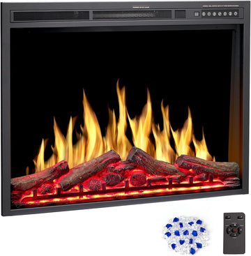 34" Electric Fireplace Insert, Adj.Flame & Log Colors, Remote, 750/1500W