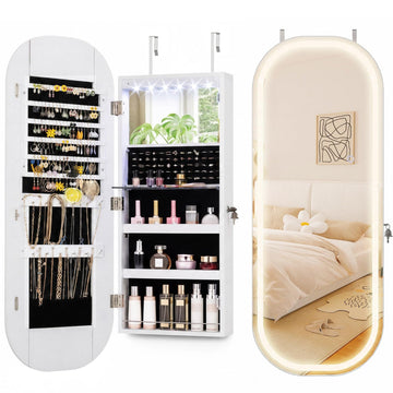 LED Full Length Mirror Jewelry Cabinet, Wall Mount & Over the Door