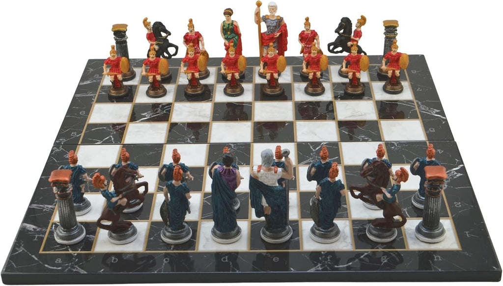Metal Chess Set,Historical Rome Figures,Handmade Painted Chess Pieces with Marble or Mosaic Design Wooden Chess Board - Set of 32