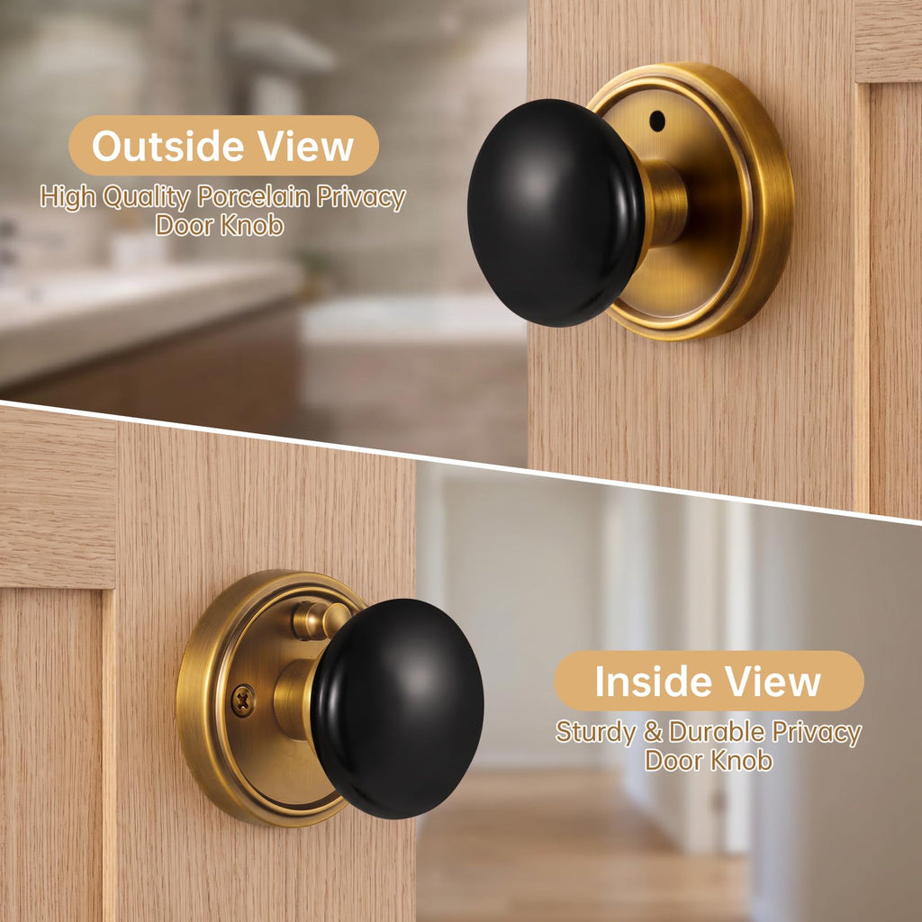 Black Porcelain Round Door Knobs with Antique Brass Rosette 1 Pack