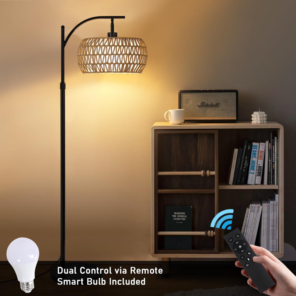 Arc Floor Lamp with Remote Control, Boho Farmhouse Standing Lamp with Stepless Dimmable Bulb and Fabric & Rattan