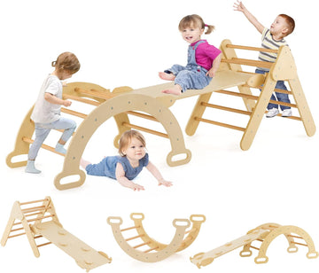 5 in 1 Wooden Climbing Toys for Toddlers, Triangle Climber with Ramp for Sliding or Climbing, Indoor Beech Montessori