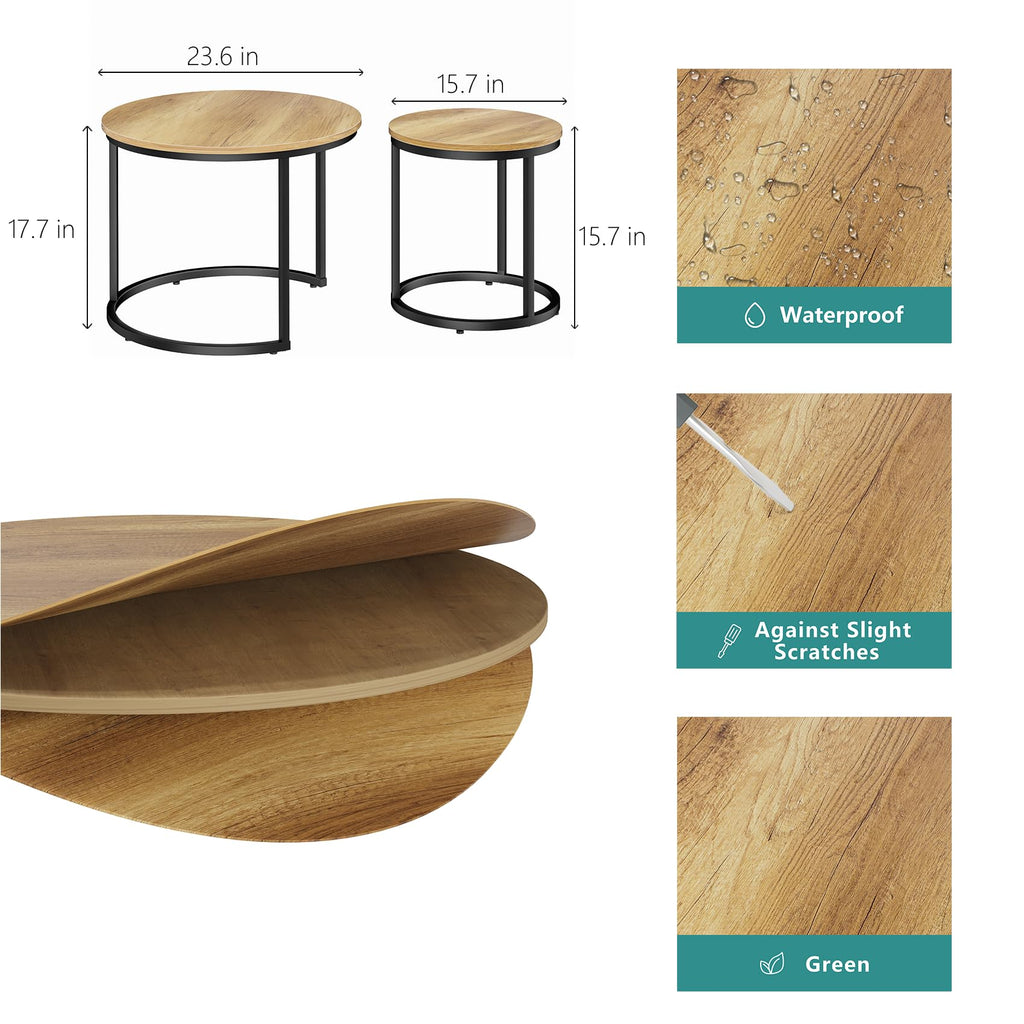 Nesting Coffee Set of 2, 23.6" Round Coffee Brown Wood with Adjustable Non-Slip Feet, Industrial End Side Tables