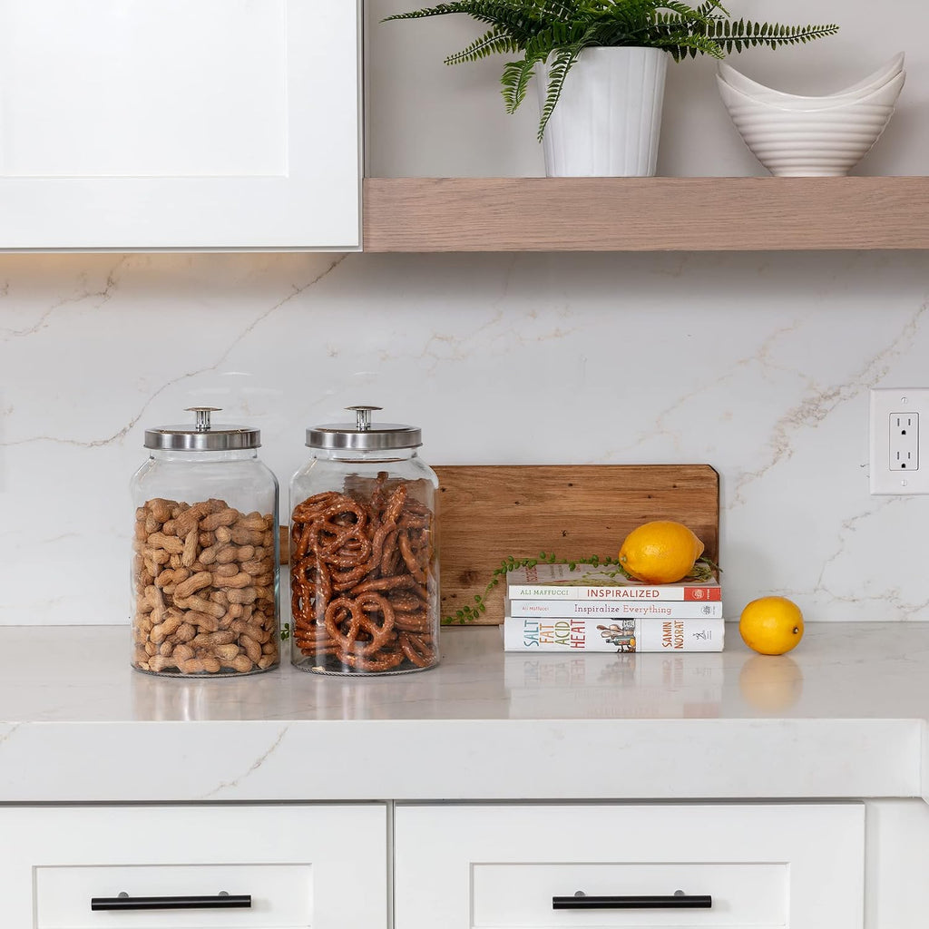 Large 1-Gallon Glass Canister Sets Counter with Stainless Steel Airtight Lids + Marker & Labels, Cookie Jar & Candy - Set of 2