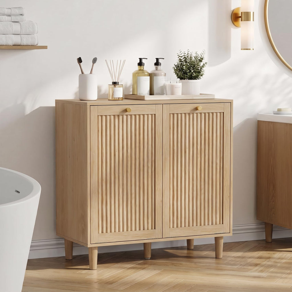 Tilt-Out Dual Laundry Storage Hamper Cabinet, Natural, with 2 Hamper.