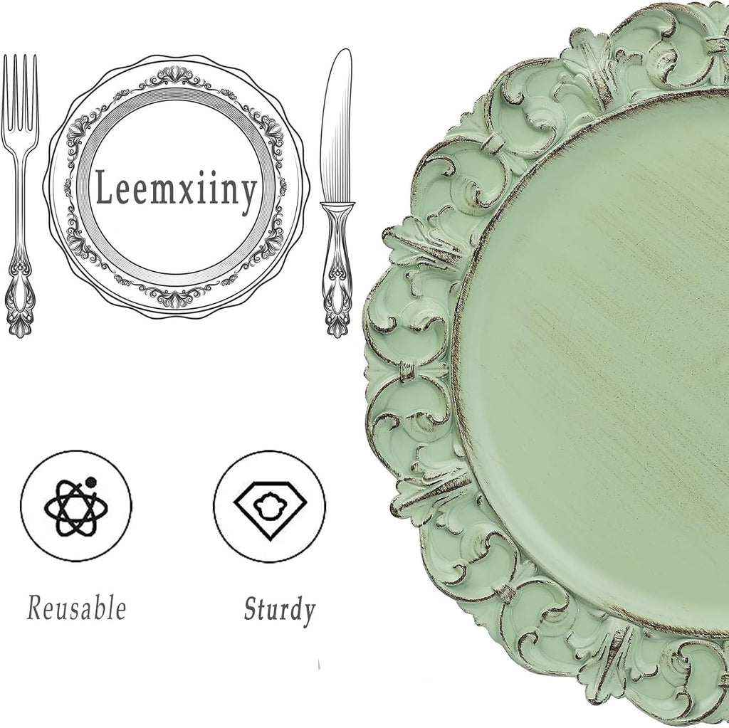 Green Charger Plates Set of 6, Decorative Table Plastic Chargers for Dinner Plates, Party, Wedding, Thanksgiving