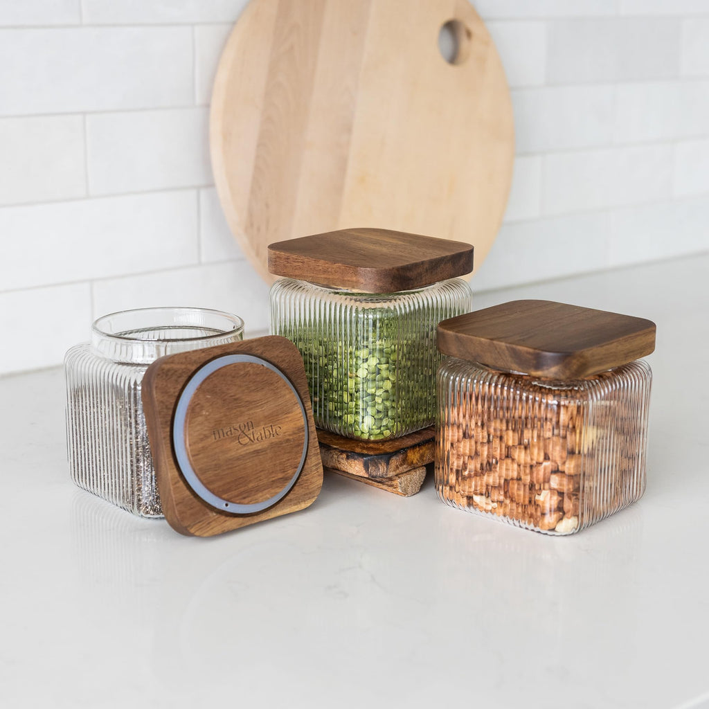 Ribbed Glass Square Jar with Wooden Lid 25fl.oz - Set of 3 | Airtight Fluted Storage Canister for Food, Pasta