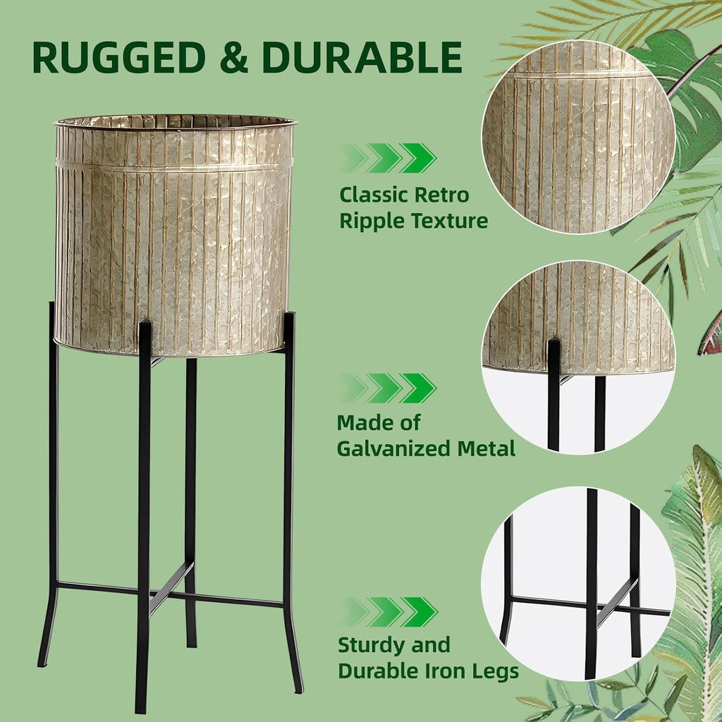 Set of 3 Planters with Stand, 23'' 27'' 37'' H Corrugated Galvanized Planters Pot with Removable Stand Farmhouse