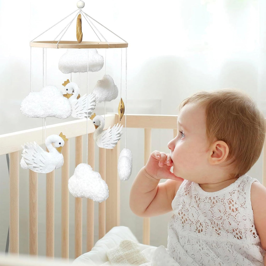Baby Mobile White Swans with Golden Crowns Felt Clouds Baby Mobile for Crib Boys Girls Neutral Baby Gift Hanging
