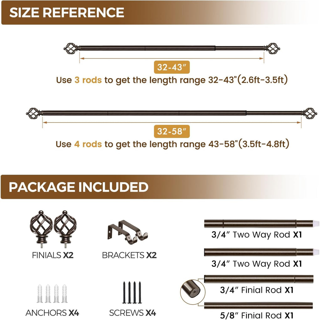 Bronze Curtain Rod 32 to 58 Inch(2.6-4.8ft), Adjustable Curtain Rods for Windows 28 to 48 Inch, 3/4 Inch Splicing